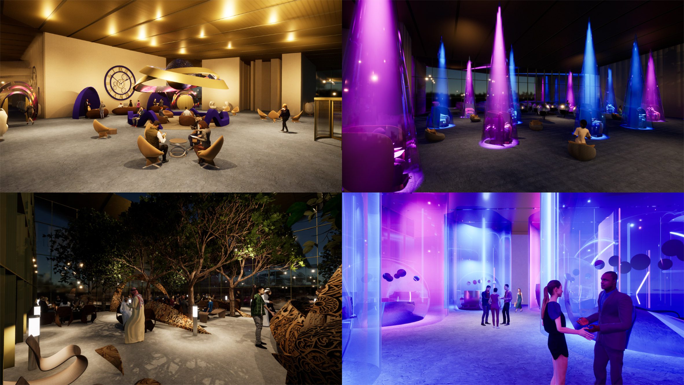 An image showing four different visualisations of spaces. The first is a room in tones of brown with chairs in the space, the second a room with a black floor and purple and blue lighting, the third a outdoor space with people and trees throughout the space and the fourth a room with people throughout and blue and pink lighting.