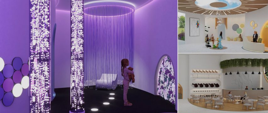 Collage of visualisations showing various interiors with sensory fittings