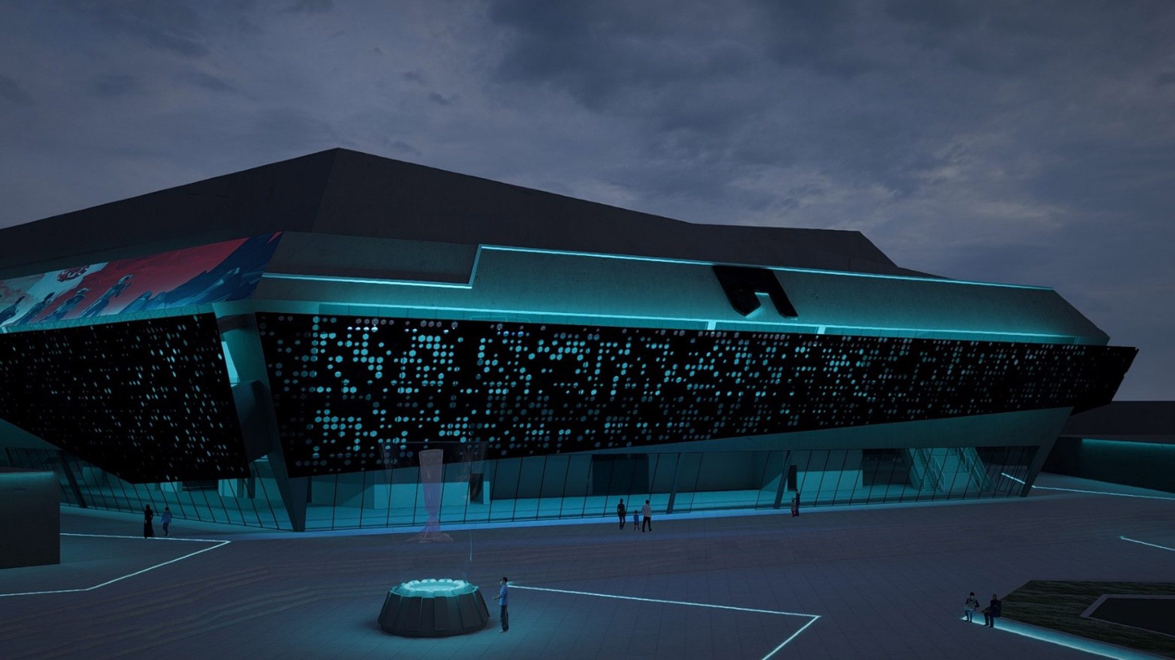 A visualisation of an illuminated building in tones of blue and black, with a dark blue sky above it.