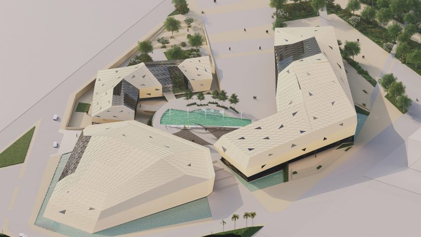 A visualisation of two buildings from above in tones of white, beige and grey, with green water and trees surrounding them.