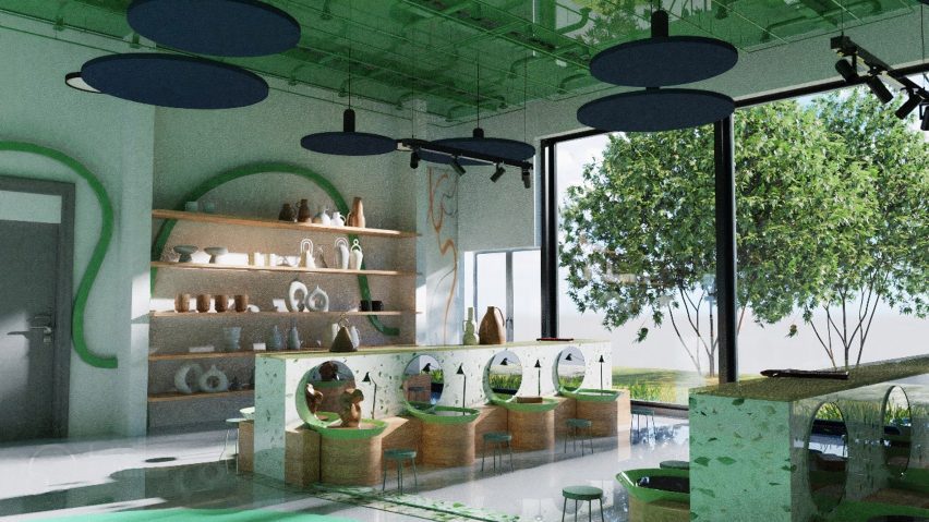 A visualisation of a space in tones of green, blue and white, with stools at bars and brown shelves on one of the walls.