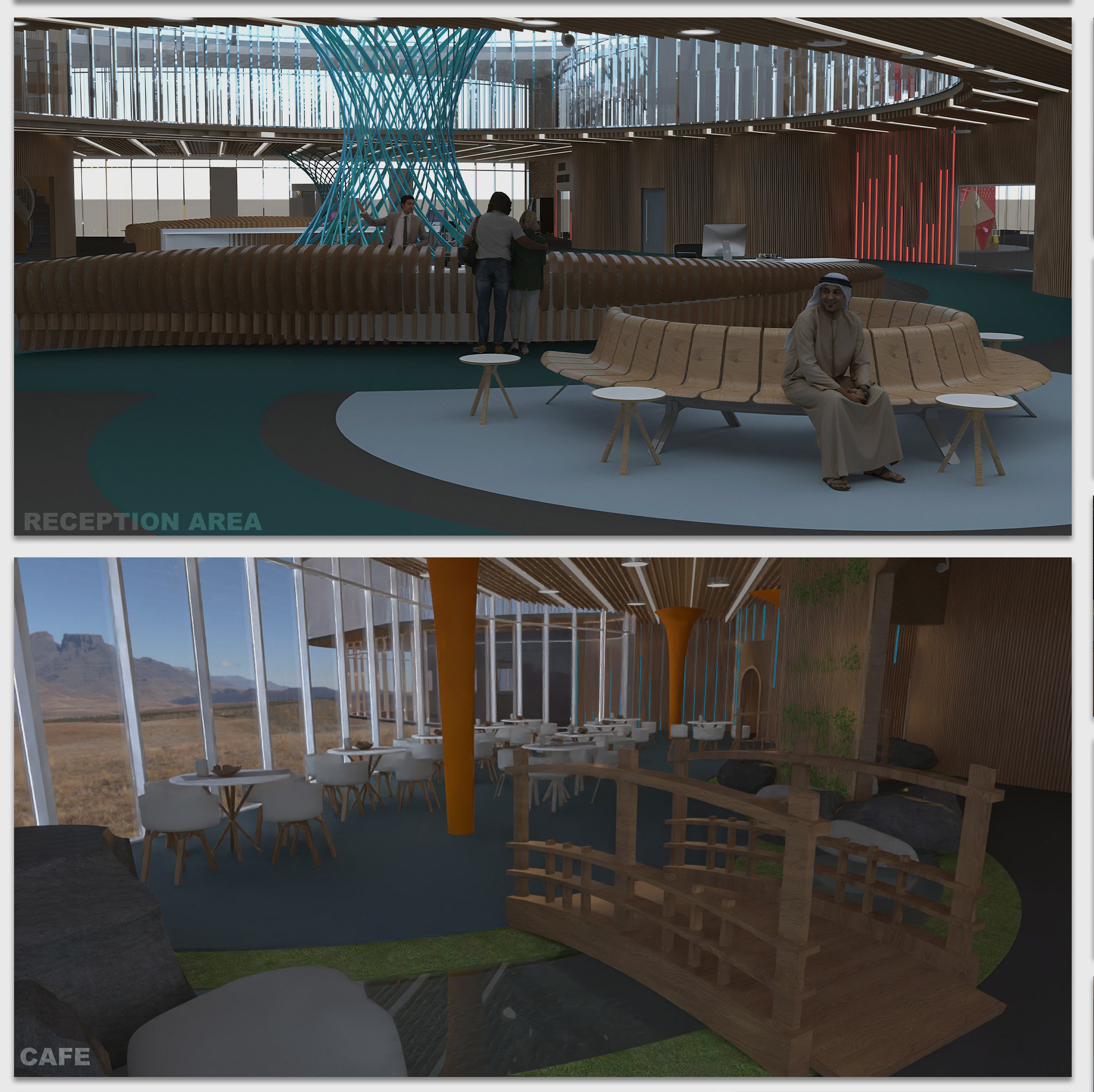 An image displaying two visualisations of spaces. The first is of a space in tones of brown and blue, with a person sat on a round bench. The second shows a space with white tables and chairs in it, beside a large window showing a blue sky, and tones of brown throughout the space.