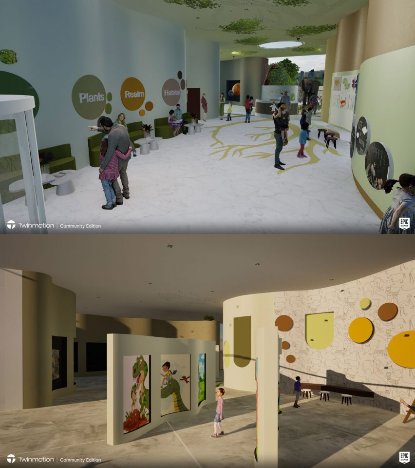 An image displaying two visualisations, the first a space in tones of green and white, with people in the space and coloured circles on the walls. The second shows a space in tones of beige and grey, with circles on the walls in colours of yellow and orange.