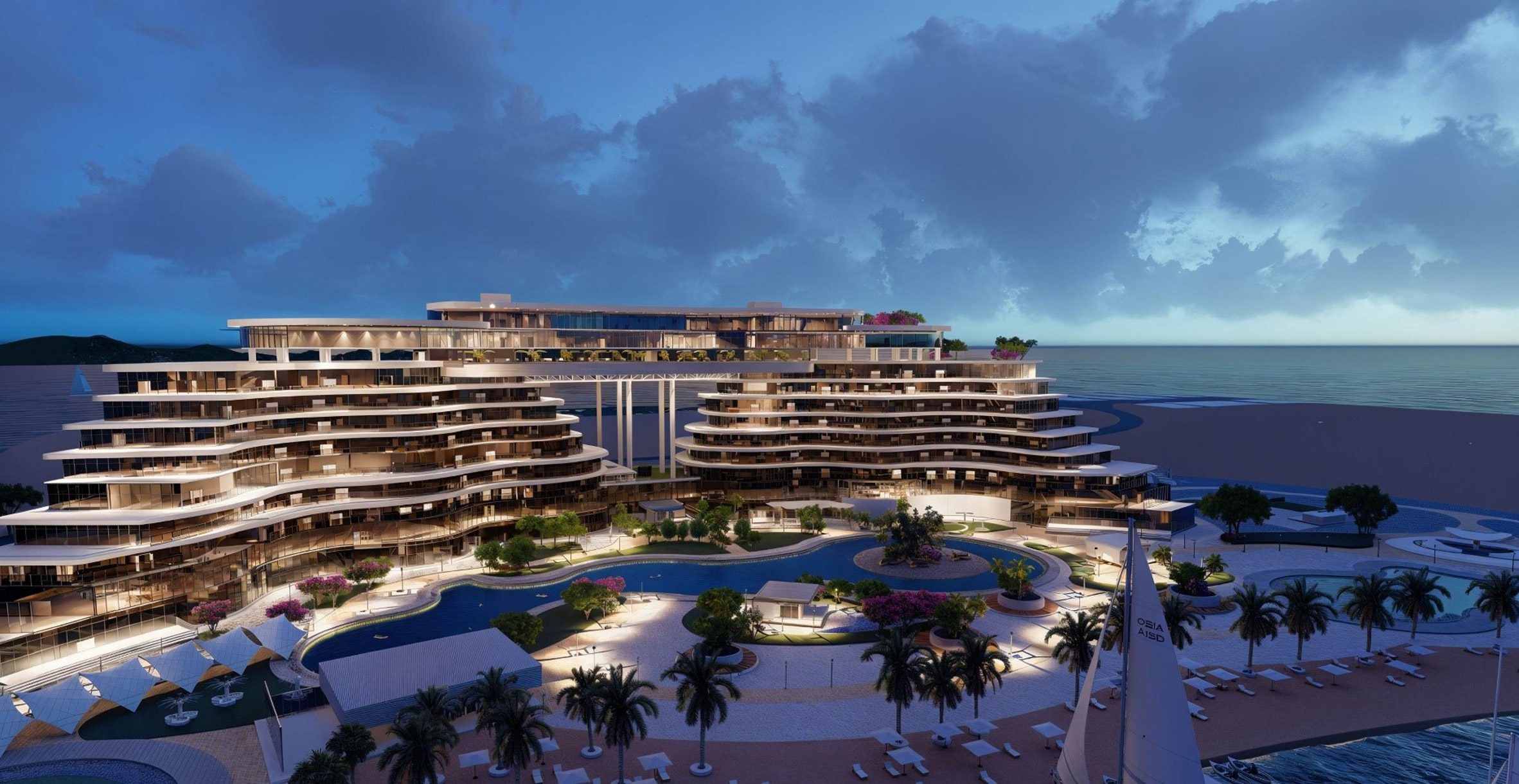 A visualisation of an illuminated white building which sits by the sea, with a swimming pool and palm trees in front of it, and a blue sky above.