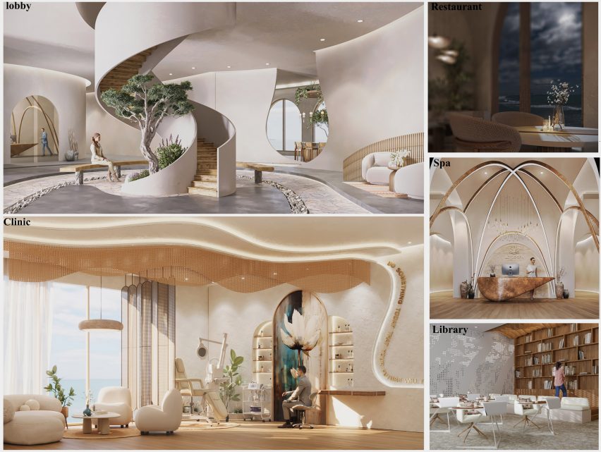 Collage of visualisations showing spaces inside a wellness retreat