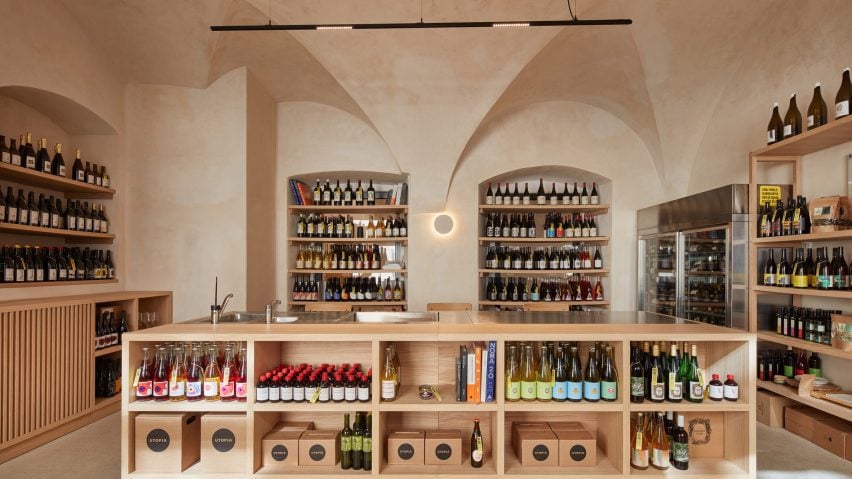 Wine shop interior with vaulted ceilings