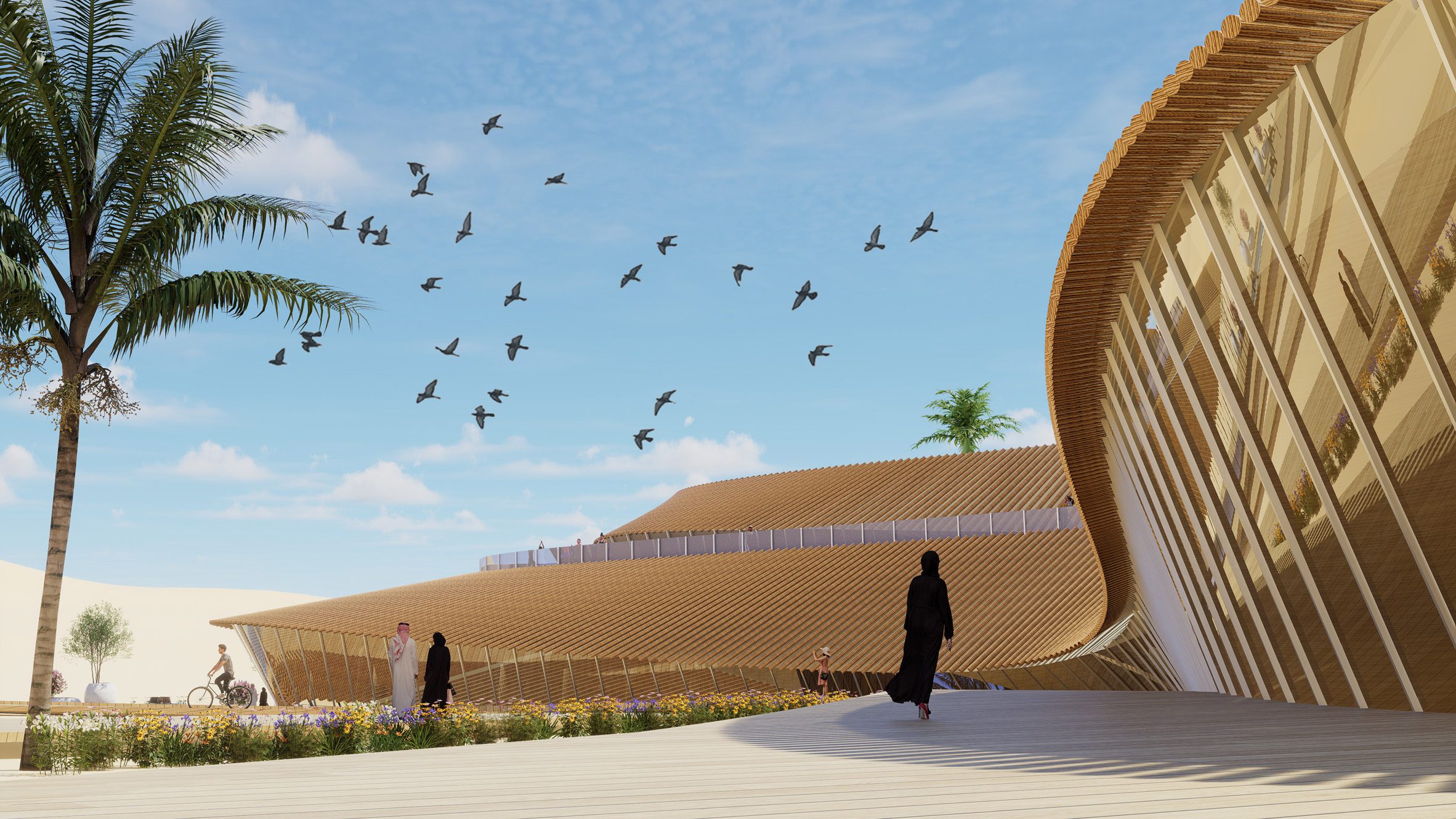 A visualisation of a building in tones of brown, with a white sidewalk next to it with people walking on it and a large green palm tree to the left of the image. There is a blue sky above with black birds flying.