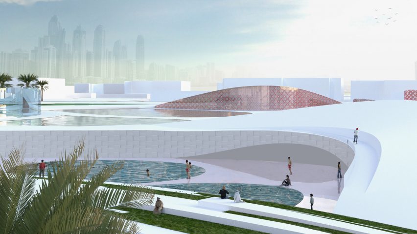 A visualisation of a building in tones of white and brown, with a blue sky above it and people walking in the space.