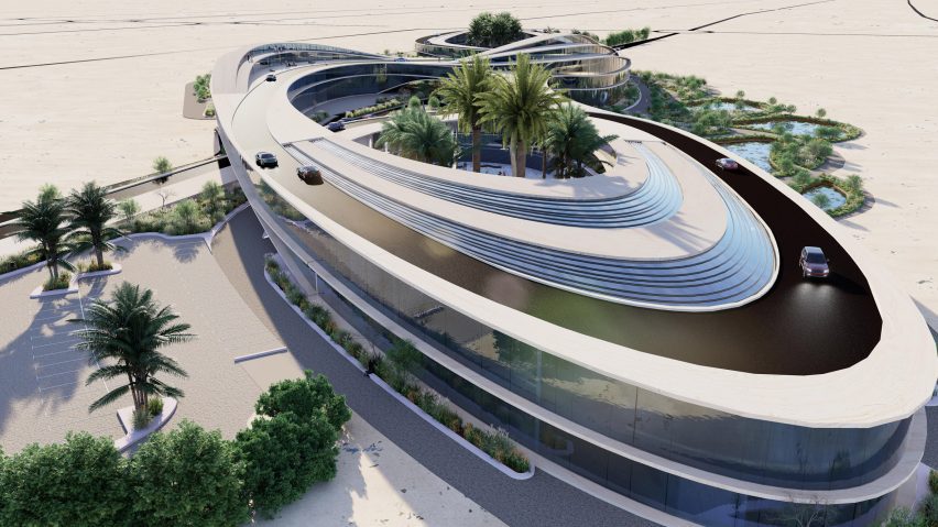 A visualisation of a building in tones of grey, brown and blue, in an oval-like shape, surrounded by green palm trees and beige terrain.