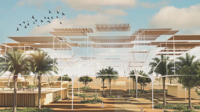 A visualisation of a linear structure in tones of white and brown, with green palm trees surrounding it and a blue sky above.