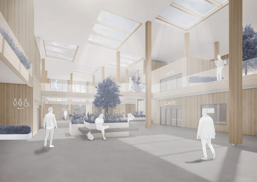 Visualisation of an interior of a community centre in tones of grey, white and beige.