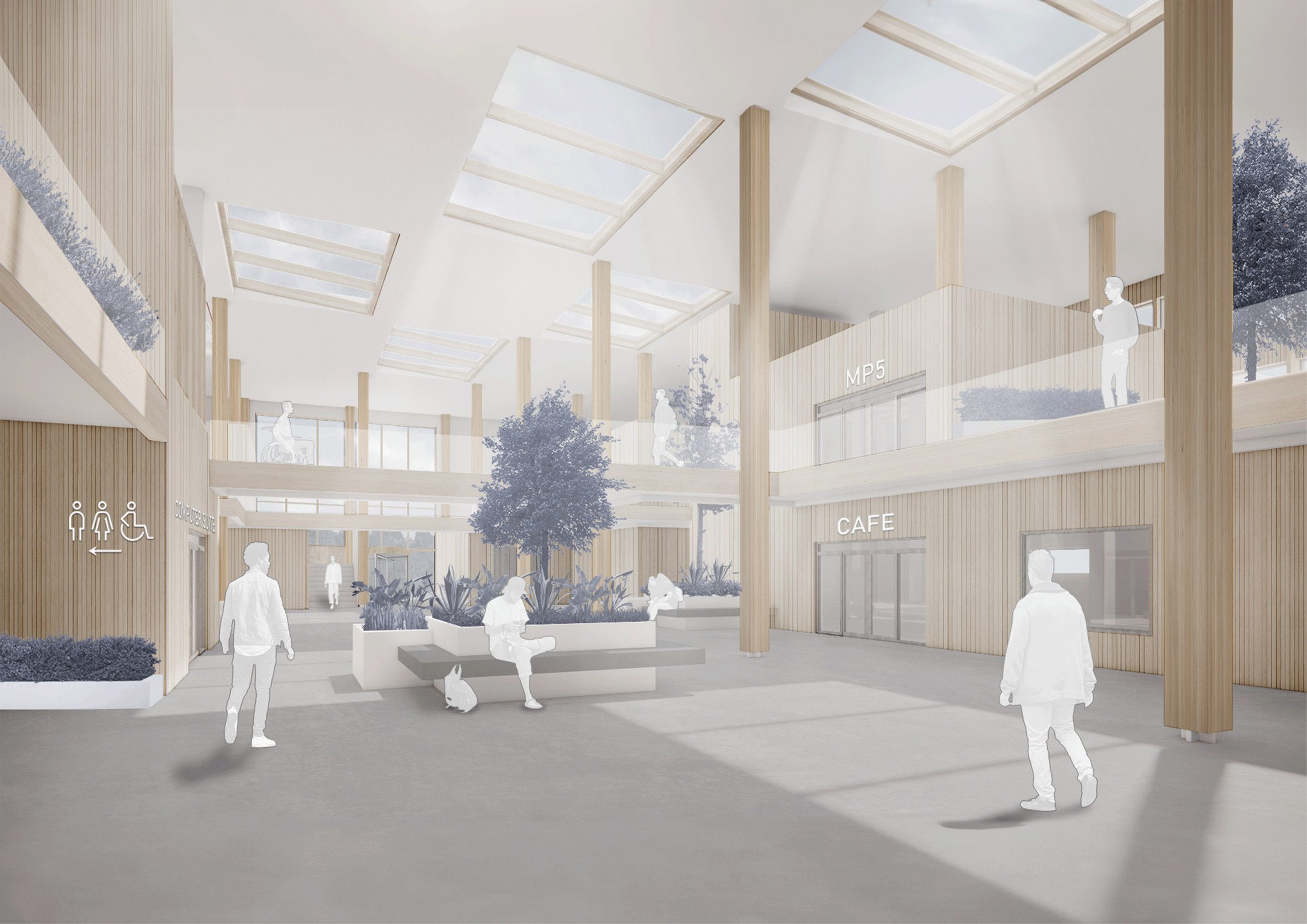 Visualisation of an interior of a community centre in tones of grey, white and beige.