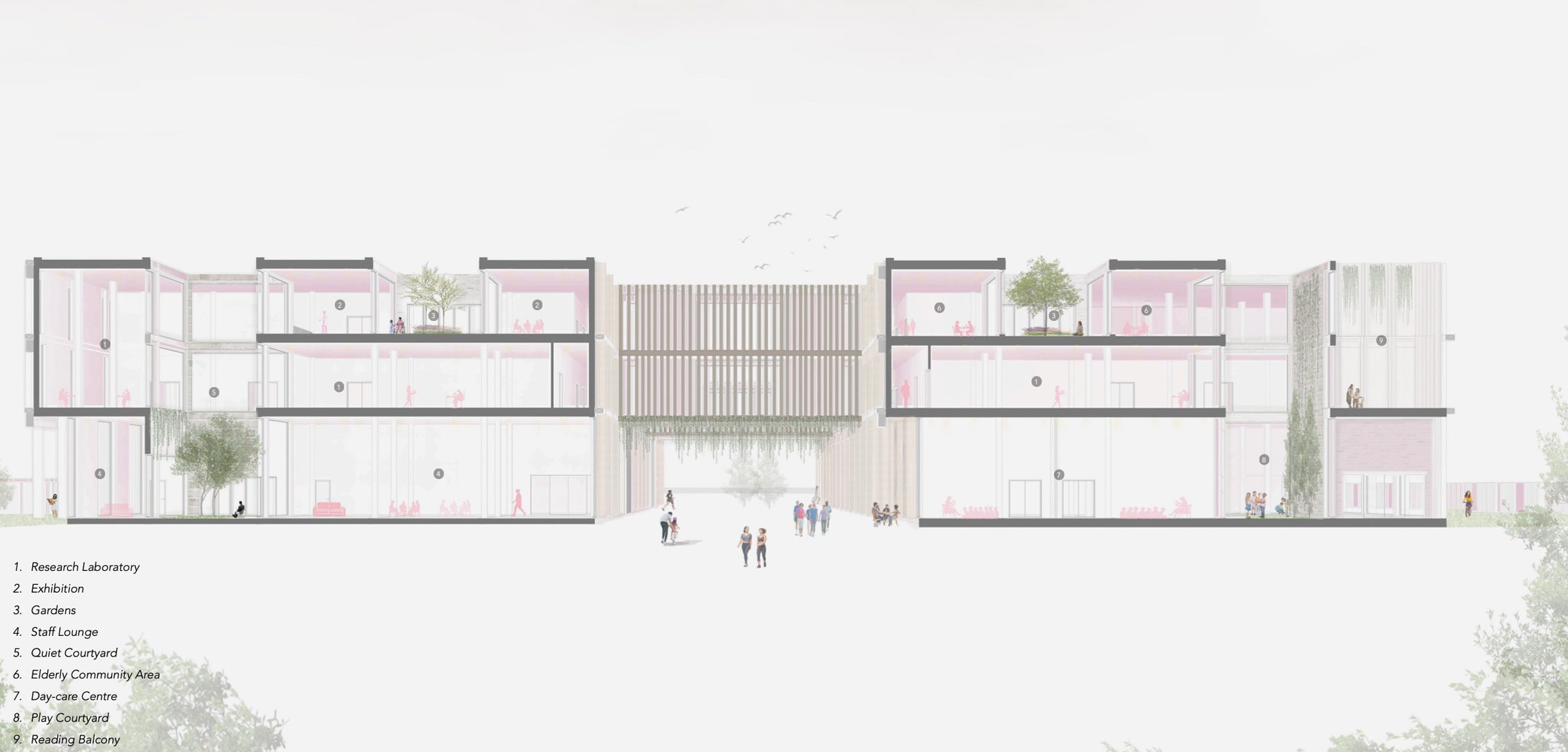 A diagram of a building in tones of grey, pink and green.