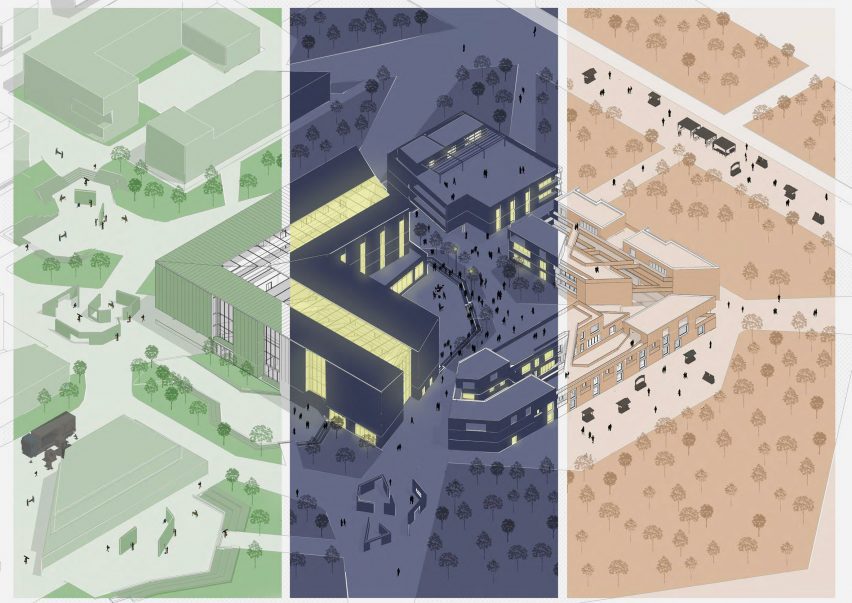 Three illustrations adjacent to one another oof a building from above, in tones of green, blue and pink. 