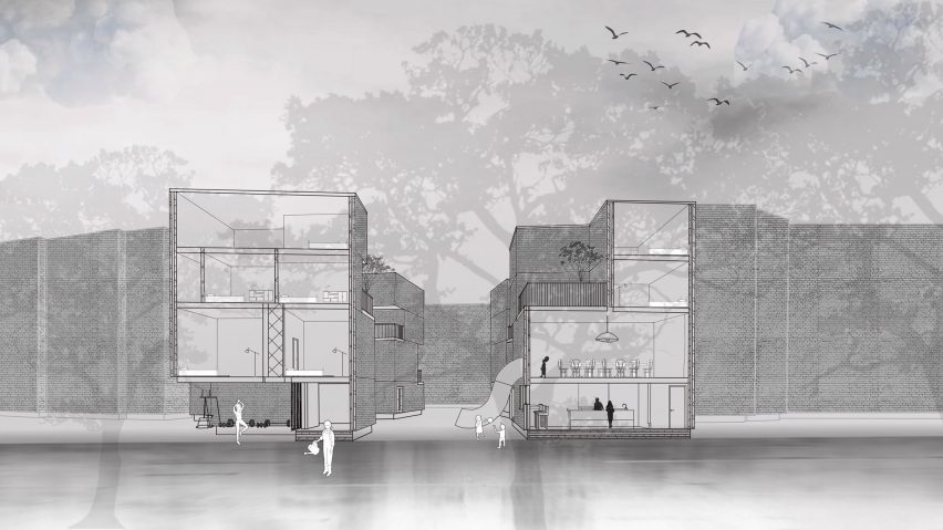 A visualisation of a building in tones of grey and white.