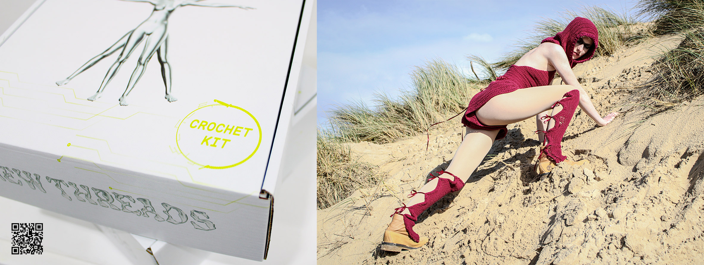 Two photographs adjacent to one another; the first displays a white box used for a crochet kit packaging, the second a person on sandy terrain in red crocheted garments.