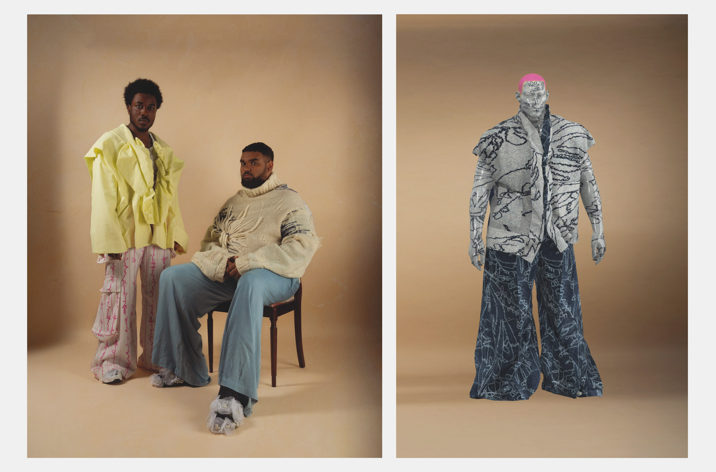 Two photographs showcasing a fashion collection, on two models and a mannequin.