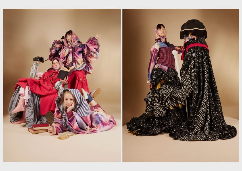 Two photographs showcasing a fashion collection on various models.