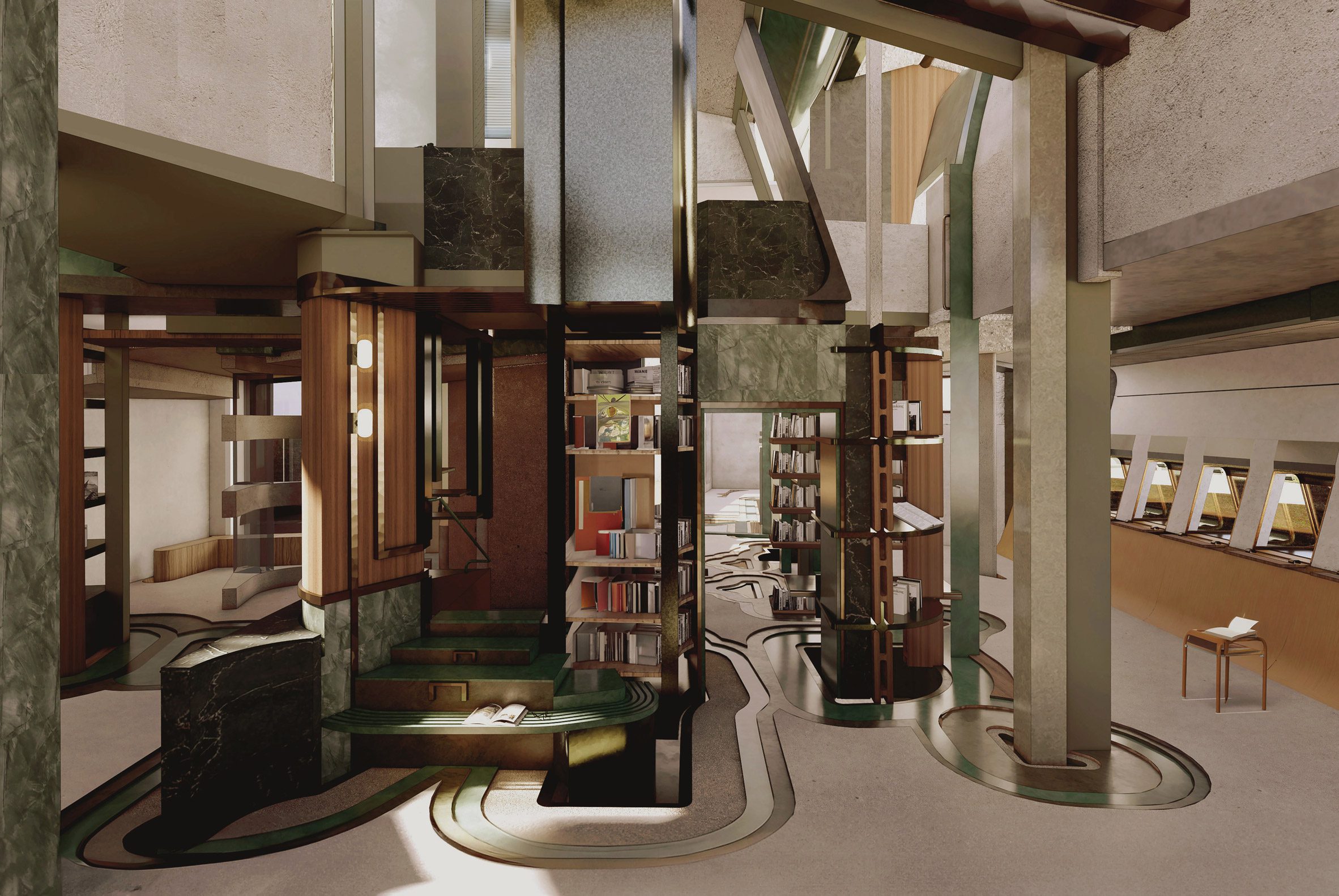 A visualisation of a library in tones of brown and green