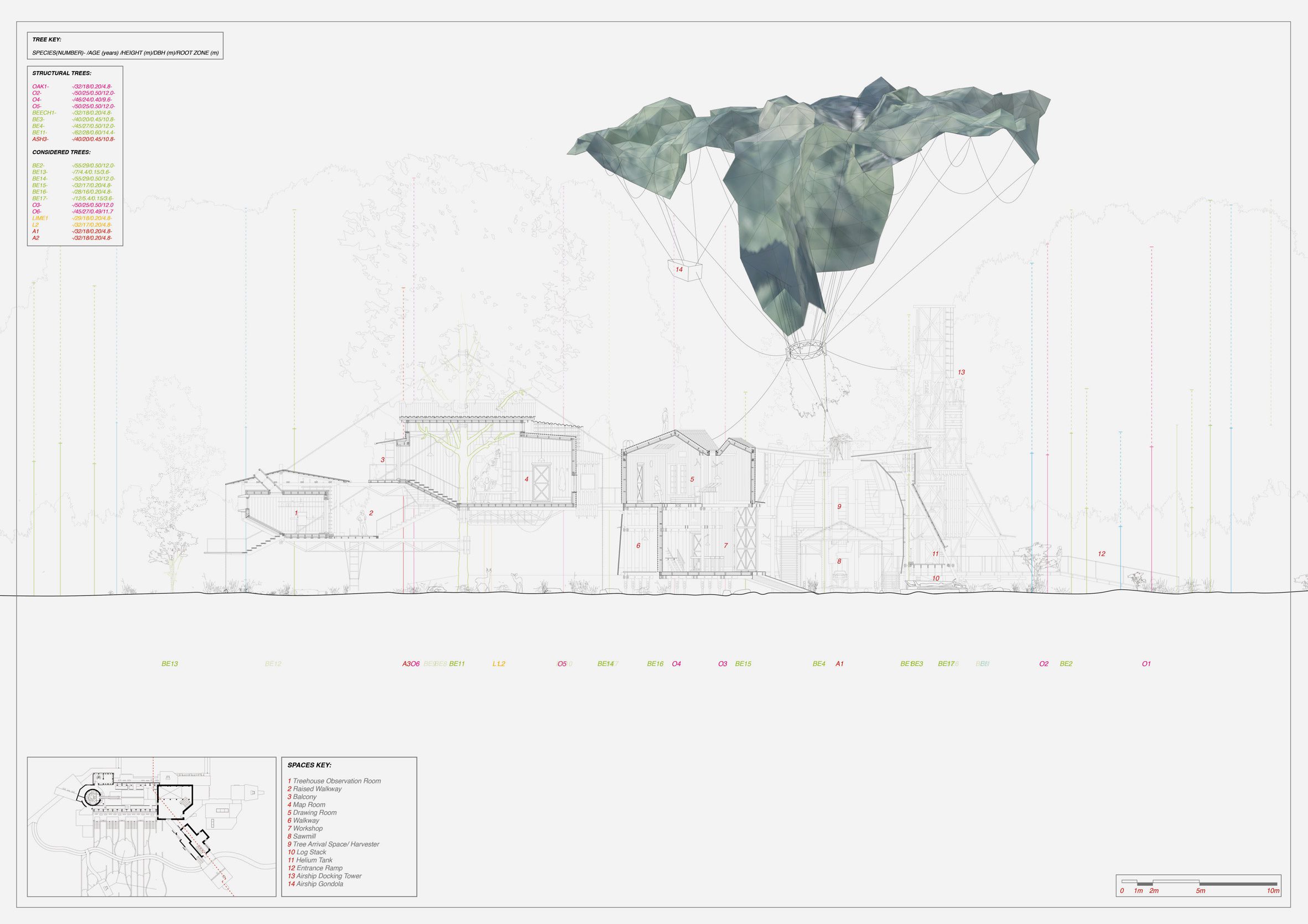 An architectural plan drawing in tones of white, grey and green.