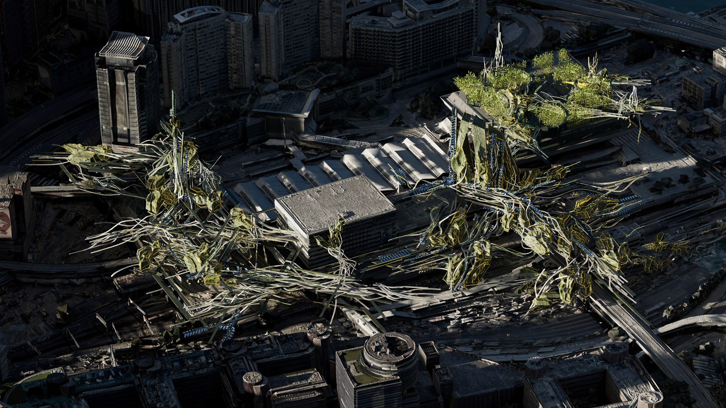 Visualisation from above of a community hub within a city, in tones of green and grey.