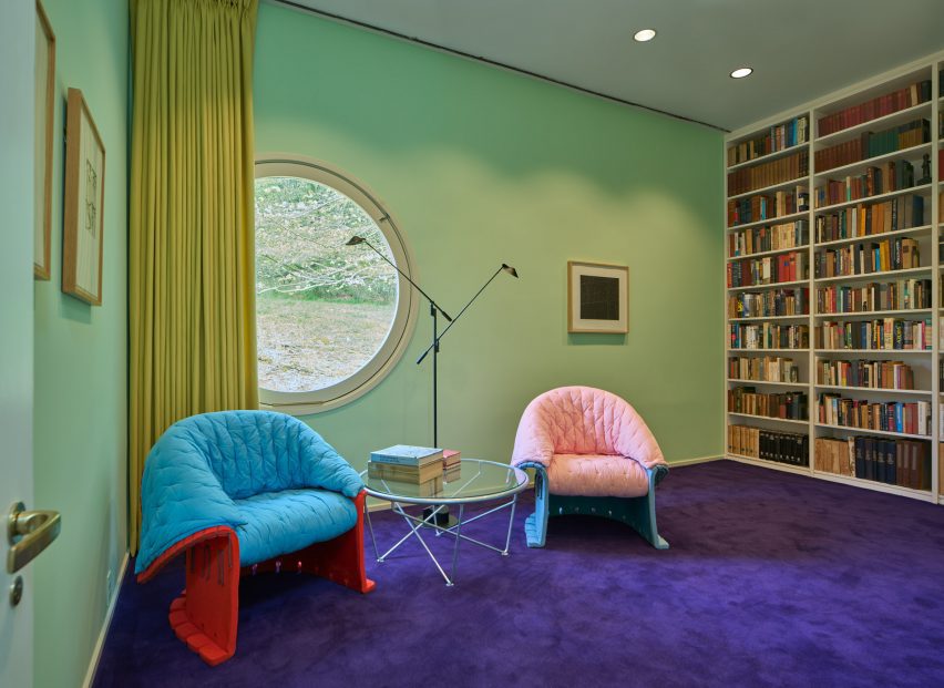 Library with purple rug