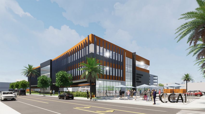 Visualisation of a building in tones of brown and grey, surrounded by palm trees and people beside a road.