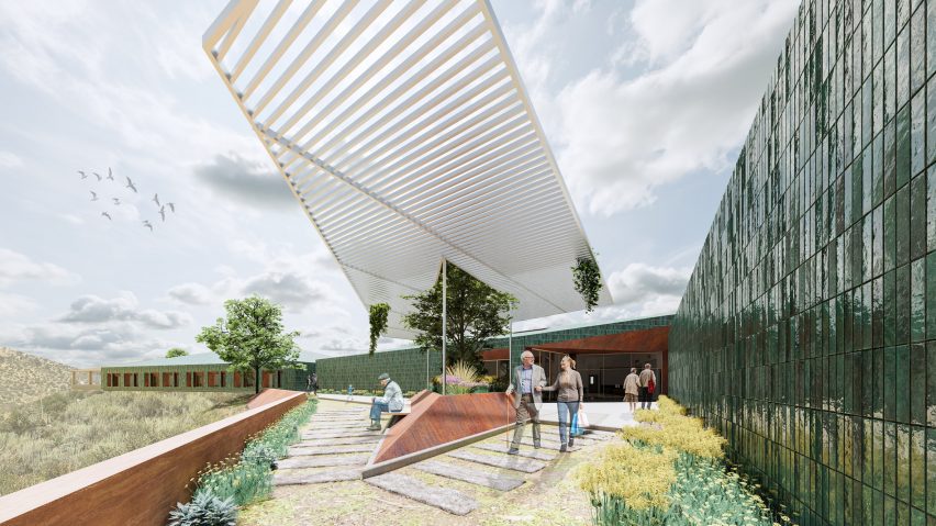 Visualisation of an outdoor space in front of a building in tones of green, brown and white, with people walking through the space.