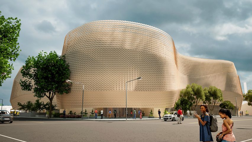 Visualisation of an abstract circular building in tones of beige, surrounded by green trees and people, with a blue sky above.