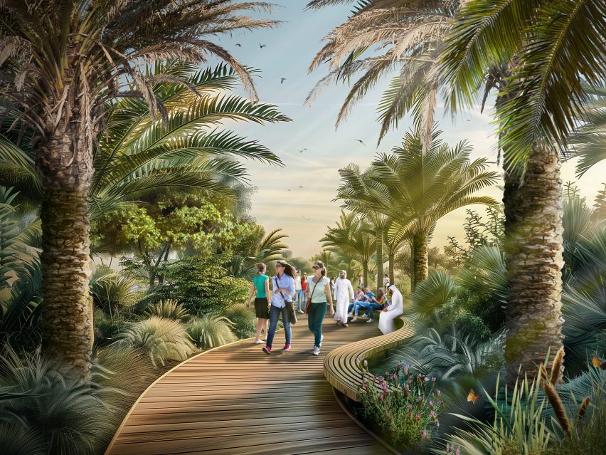 Walkway along Green Spine in Dubai by Urb