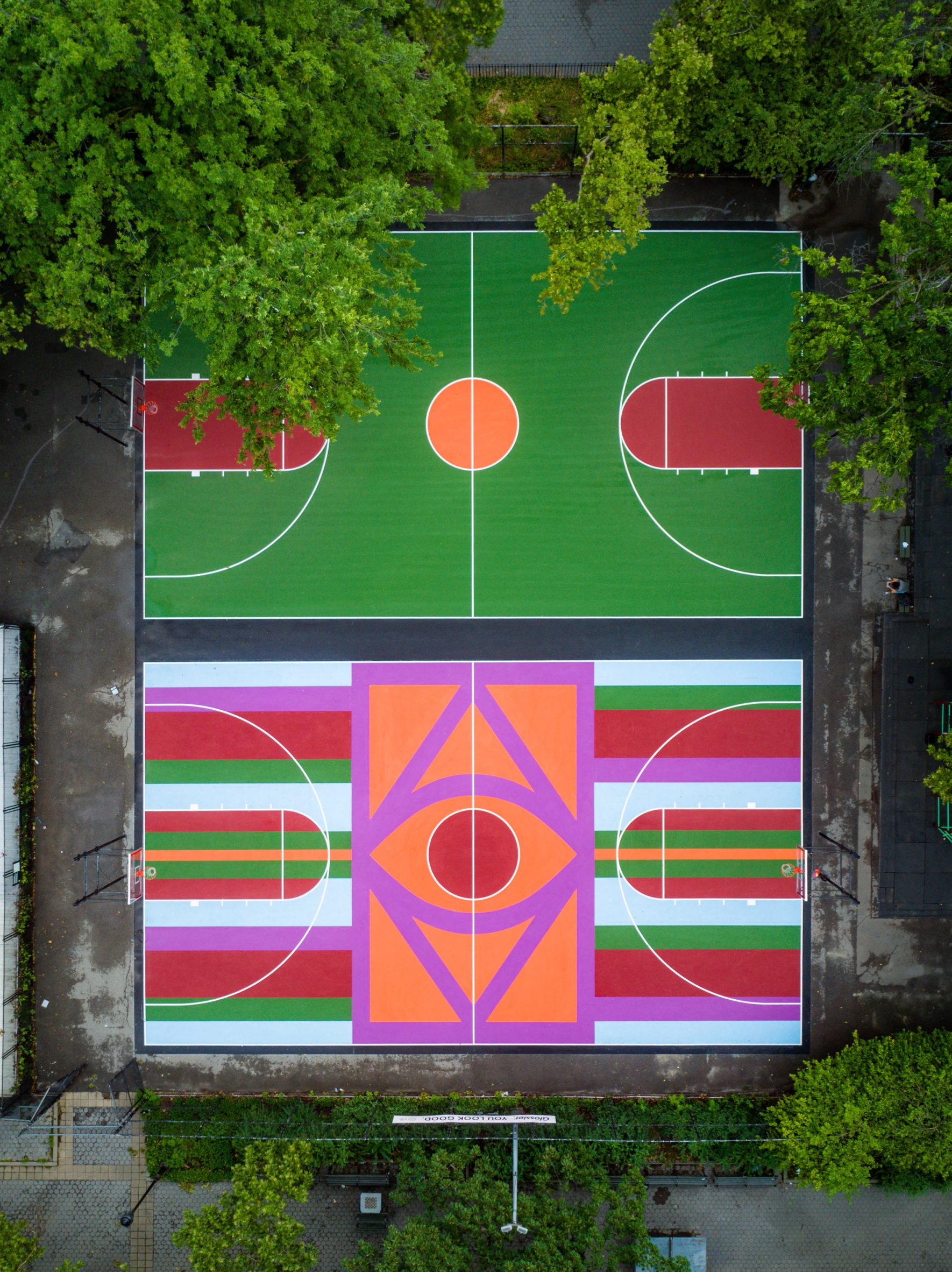 Birdseye view of two Tompkins Square Park basketball courts by Glossier