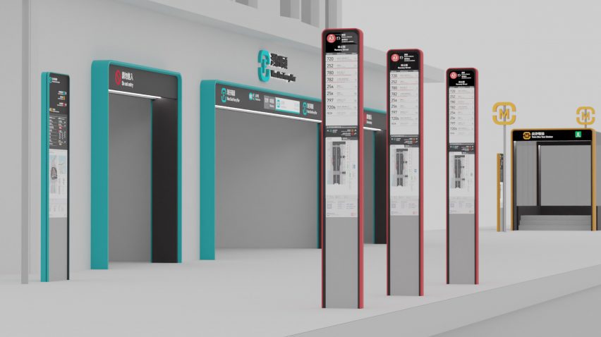 Visualisation of a transport station with details in blue, red and yellow