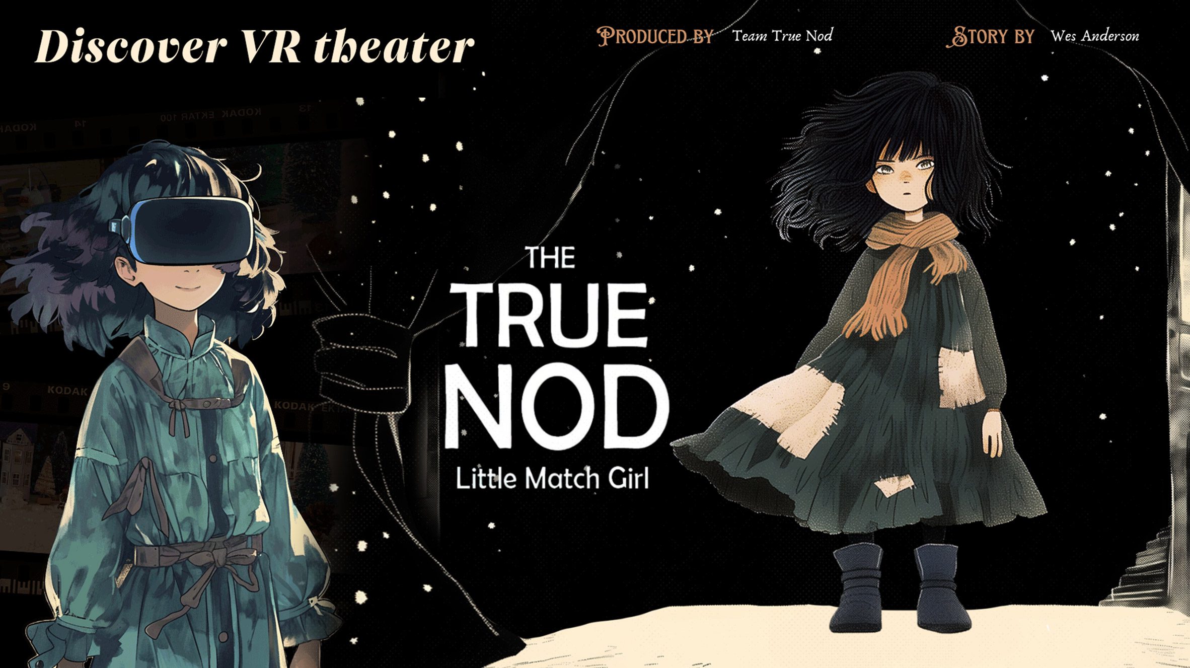 An image advertising a VR theatre production, with illustrations and large white text in the centre reading 'the true nod'