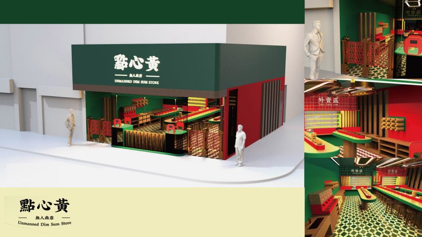 Visualisation of a restaurant in tones of green, red and yellow