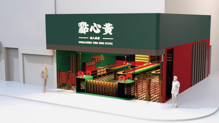 Visualisation of a restaurant in tones of green, red and yellow