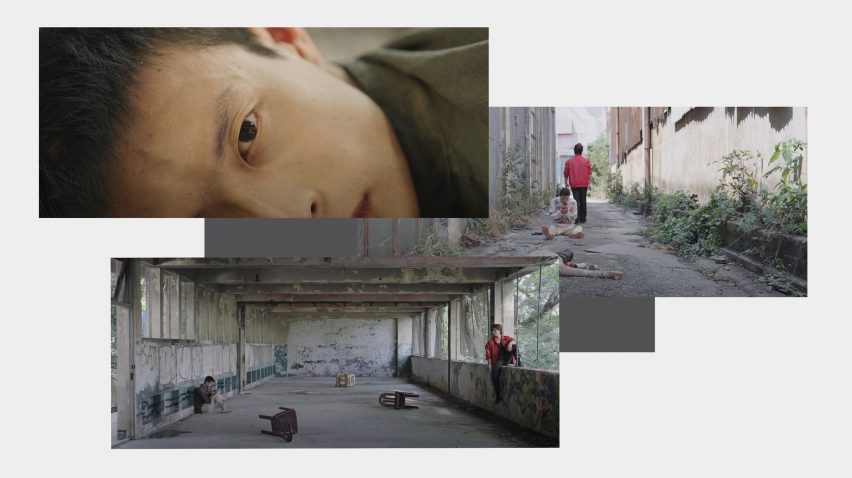 Stills from a film displaying a person in a grey concrete environment