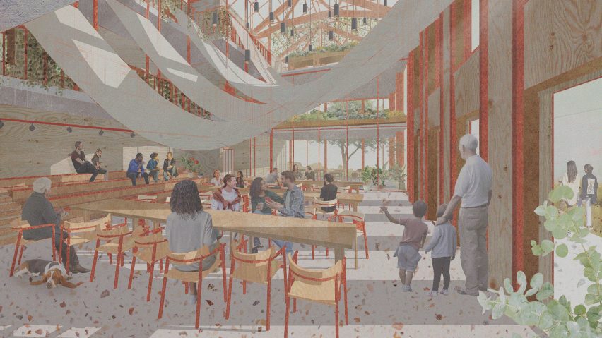 Visualisation of an interior space in colours of grey and red, with brown and red tables and people throughout the space.