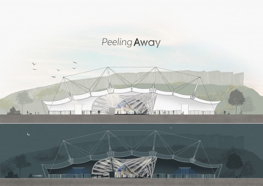 Two visualisations, one above and one below the other. The top shows a white arena with a green background, and the words 'peeling away' in black text above it. The visualisation below shows the same arena in tones of blue, with a blue background.