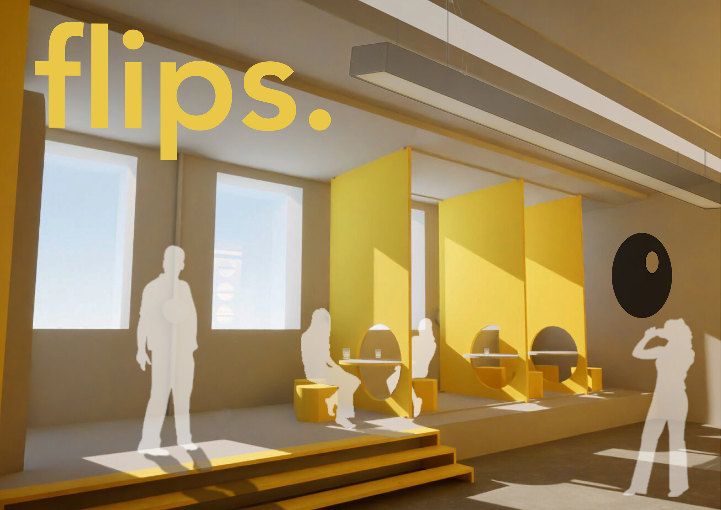 A visualisation of an interior space in tones of yellow, with white figures throughout and the text 'flips.' written in yellow in the top left.