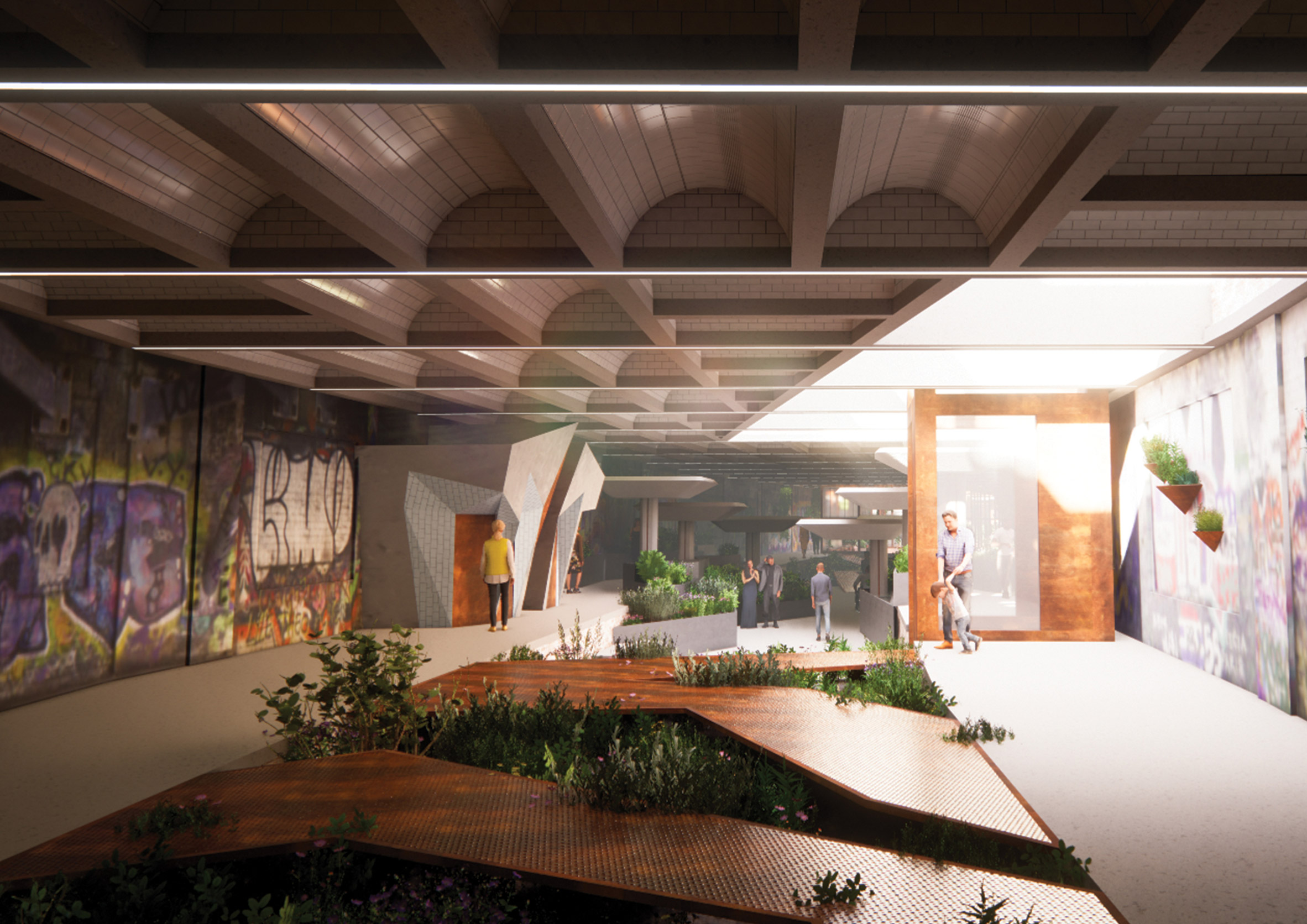 A visualisation of an interior space in tones of brown, with multi-coloured graffiti on the walls and green plants throughout the space.