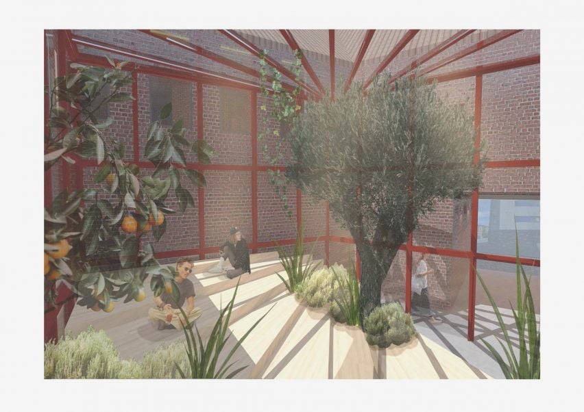 A visualisation of an interior space with green plants around it and red grid patterns on its glass walls.