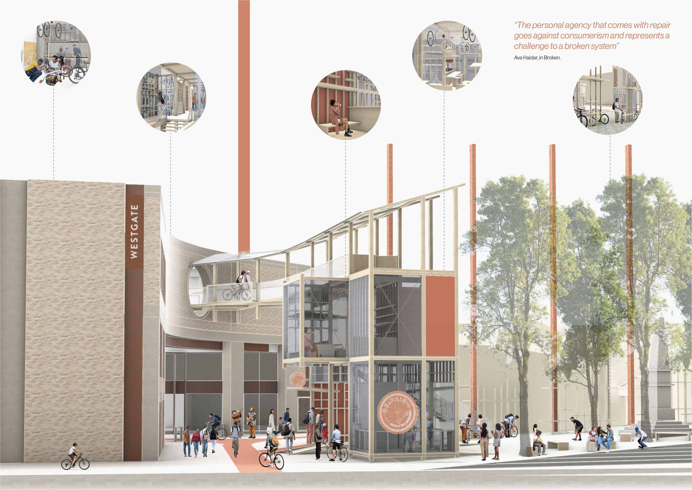 A visualisation of a building in tones of brown and orange, with green trees next to it and people around it. In the top right of the image, the words 'the personal agency that comes with repair goes against consumerism and represents a challenge to a broken system' written in orange.