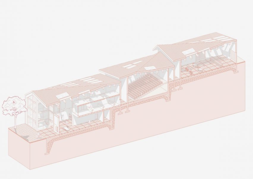 A visualisation of a building in tones of pink, grey and white, against a white backdrop.