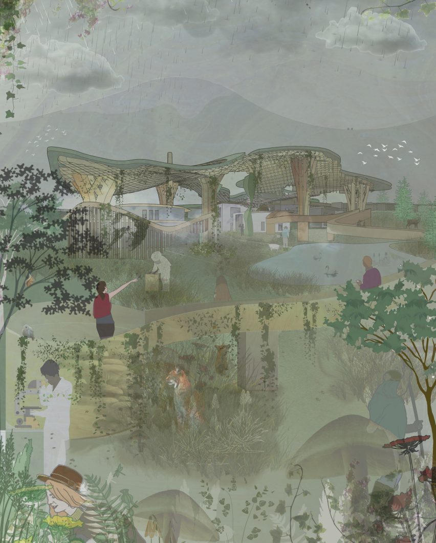 A visualisation of a building and its surrounding area of greenery and figures, in tones of green and brown, with a grey sky above.