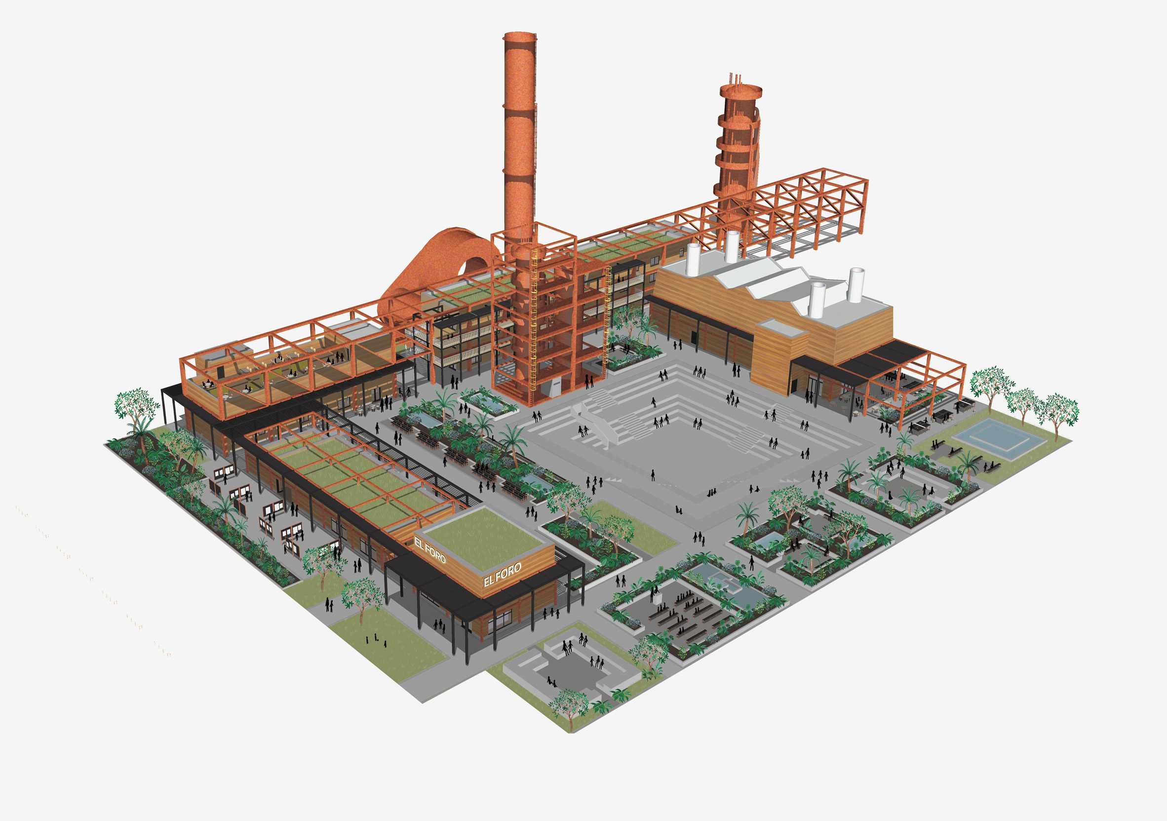 A visualisation of a building complex with an outdoor space in its centre, integrated green spaces and the building itself in tones of orange and brown, against a white backdrop.