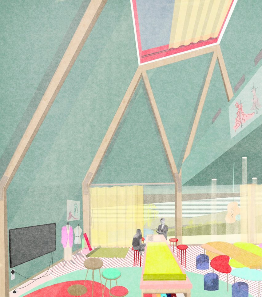 A visualisation of an interior space in tones of green, red, yellow, blue and pink, with tables, chairs and figures around the space.