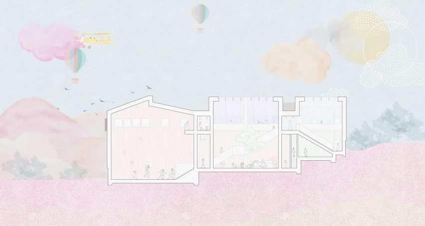 A visualisation of a building in tones of white, purple, blue and white, atop a pink ground and a blue sky above with orange, yellow and pink tones within it.