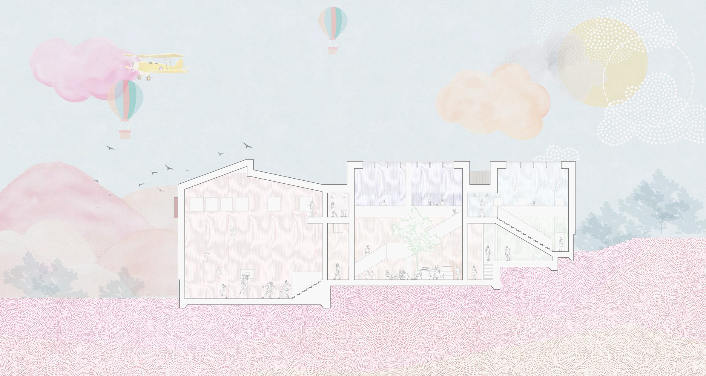 A visualisation of a building in tones of white, purple, blue and white, atop a pink ground and a blue sky above with orange, yellow and pink tones within it.