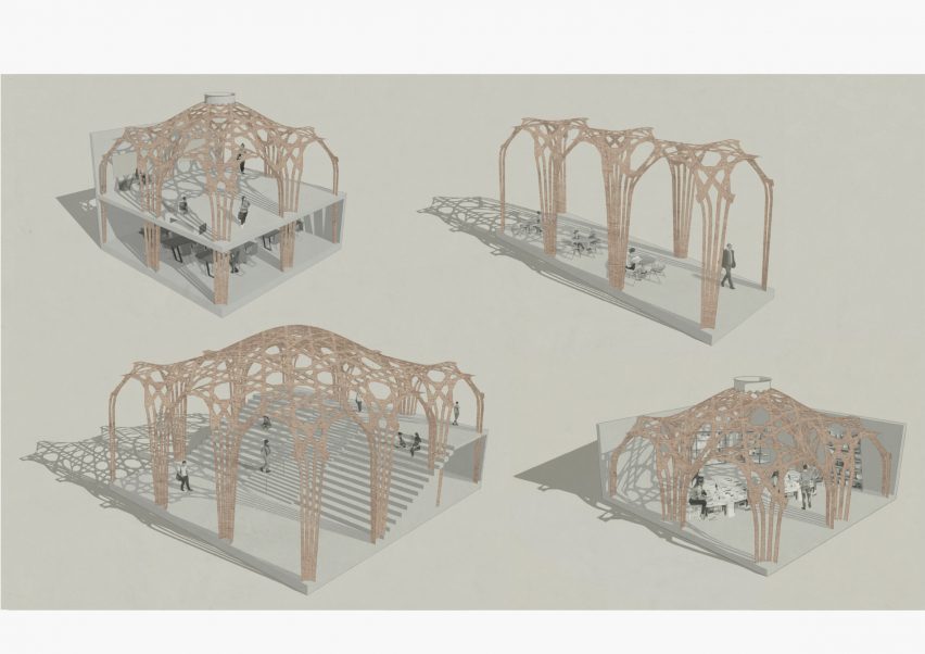 A visualisation of a four architectural structures against a beige background. Each has a similar abstract structure in tones of brown, over a grey terrain surface, with figures walking through the spaces.