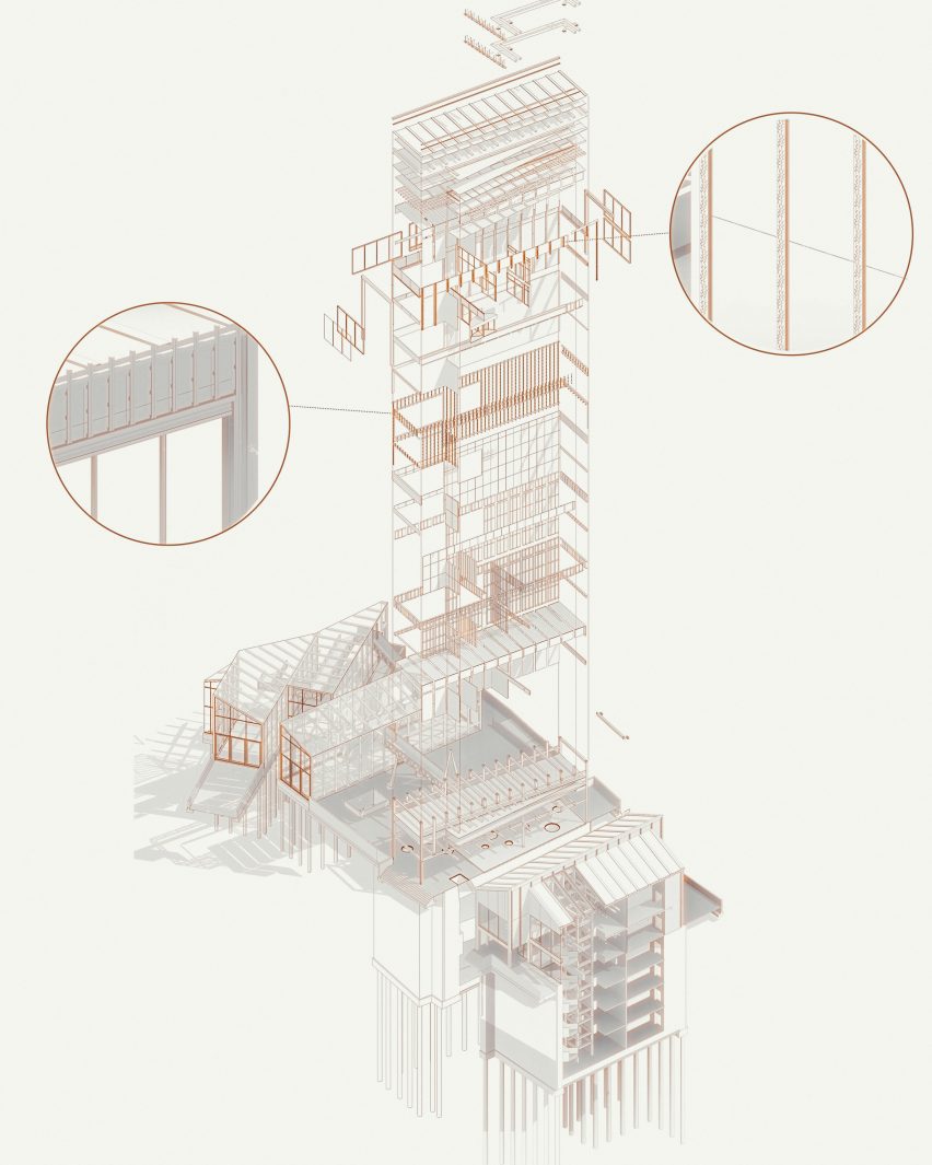 A diagram of an architectural structure in tones of orange and grey, against a beige backdrop.